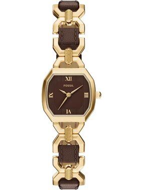 Women's Gold-Tone Stainless Steel Three-Hand Brown Leather Octagonal case Watch